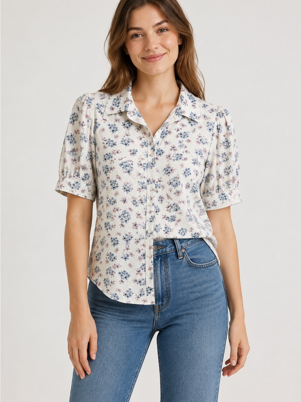 Women's Floral Button-Front Shirt in Cream and Blue